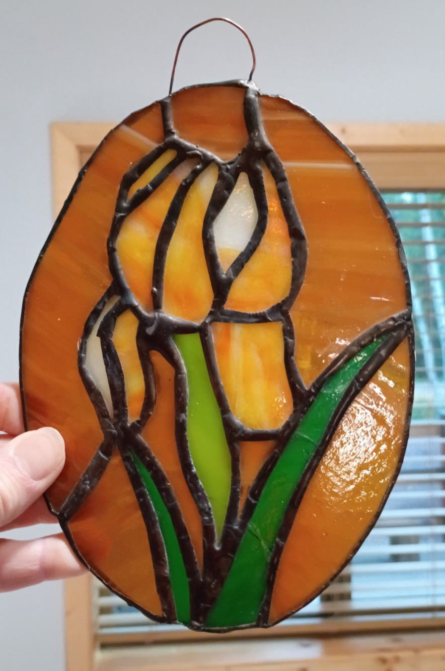 Stained Glass Handcrafted Floral Brown Yellow Green 5x7 Oval Suncatcher